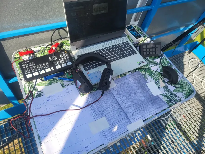 Stanowisko BASTO TV: mikser wideo, laptop, słuchawki i kartka ze składami